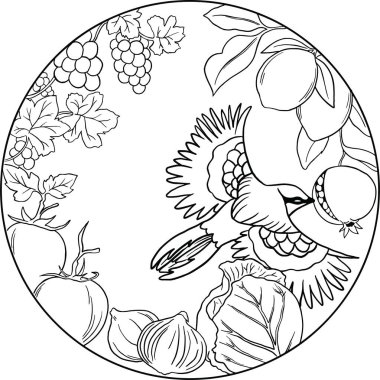 Vektör el çizimi çiçek çizimi. Çiçeklerle, yapraklarla, böğürtlenlerle, çiçeklerle süslü çiçek çizimi. Çocuklar için boyama kitabı sayfası, düğün kartı,