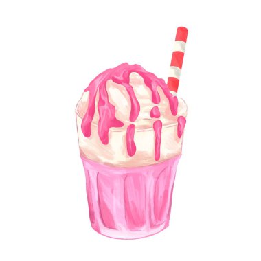 Pembe çilekli milkshake ve dondurma. suluboya el çizimi