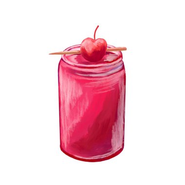 Cam şişeli ahududu suyu. suluboya resimleme.