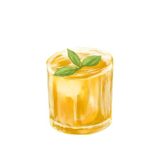 stock vector glass of whiskey and ice cubes with mint leaf.