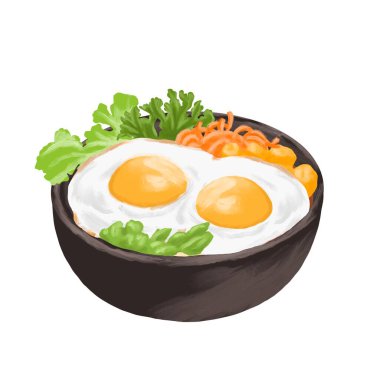 Körili menü resimli duble yumurta. Lezzetli bir Japon yemeğinin vektör çizimi, suşi, et, pirinç, tavuk, sebze, soya sosu ve sos..