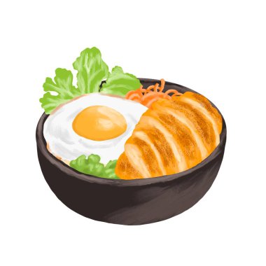 egg sunny side and chicken katsu with salad painting menu illustration