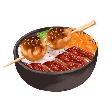 Yakitori köftesi ve körili pirinç kasesi menü çizimi.