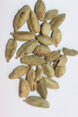 Kakule baharatları ve otlar beyaz arka planda