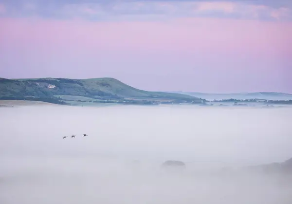 Misty Morning Sunrise Wilmington Hill South Downs East Sussex South — Stock Photo, Image