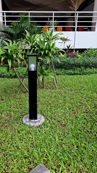 Kutu şeklinde bir bahçe ışığı, bitkilerin arasına yerleştirilmiş, aynı zamanda bir bahçe elementi..