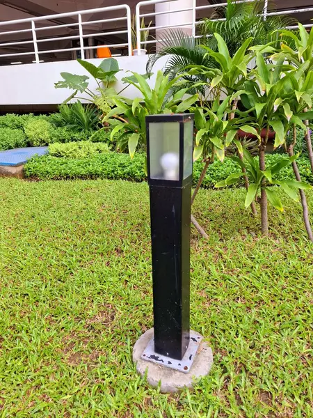 Kutu şeklinde bir bahçe ışığı, bitkilerin arasına yerleştirilmiş, aynı zamanda bir bahçe elementi..