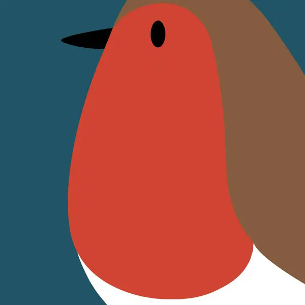 Close-up view of a cute cartoon illustration of a robin in the snow on cold winter day. Robin red breast. There is snow falling and the bird has left little footprints in the snow. Christmas time.  Christmas scene.