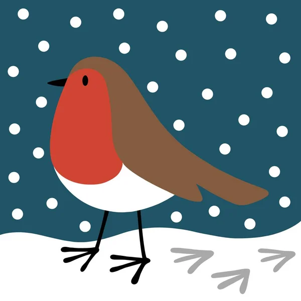 Fun cartoon illustration of a robin in the snow on cold winter day. Robin red breast. There is snow falling and the bird has left little footprints in the snow. Christmas time.  Contemporary Christmas scene on a teal background.