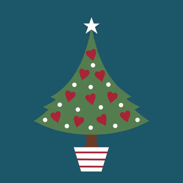 A modern Christmas tree illustration on a teal background. Xmas tree trimmed with heart and polka dot decorations and a star on top. The festive tree is in a red and white striped pot like a candy cane. Funky bright Christmas illustration.
