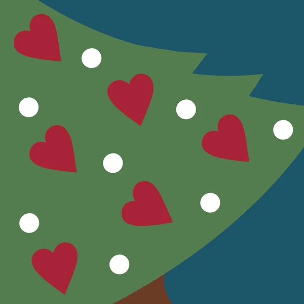 Close up of a modern Christmas tree illustration on a teal background. Xmas tree trimmed with heart and polka dot decorations.Funky bright Christmas illustration.