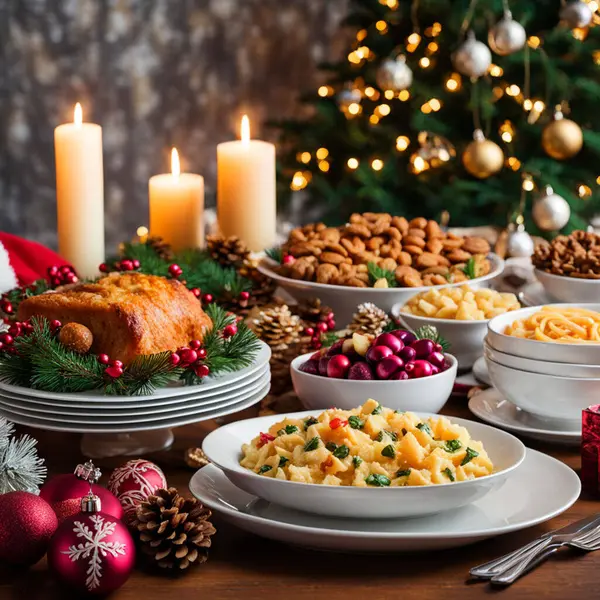 Christmas Dinner table full of dishes with food and snacks, New Year\'s decor with a Christmas tree on the background.