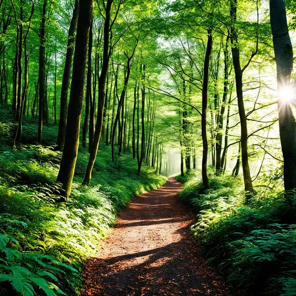Forest with a path through it. The path is surrounded by trees and the sunlight is shining through the leaves