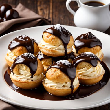 profiteroles dessert through a realistic and visually appealing photograph, featuring a large area for accompanying text. clipart