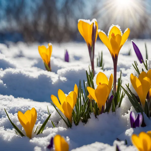 Spring Crocuses Breaking Through Snow. Bright yellow crocuses emerge from the snow, signaling the arrival of spring with sunlight