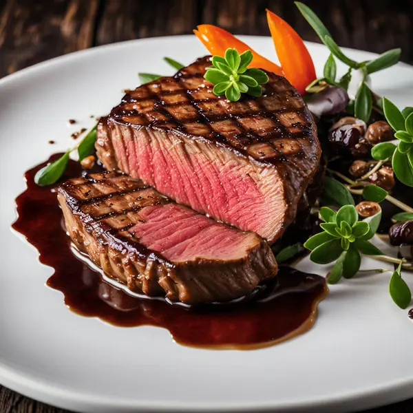 Succulent grilled beef steak with perfect sear marks, served on a rustic plate against a dark, elegant backdrop, exuding a luxurious and gourmet dining experience.