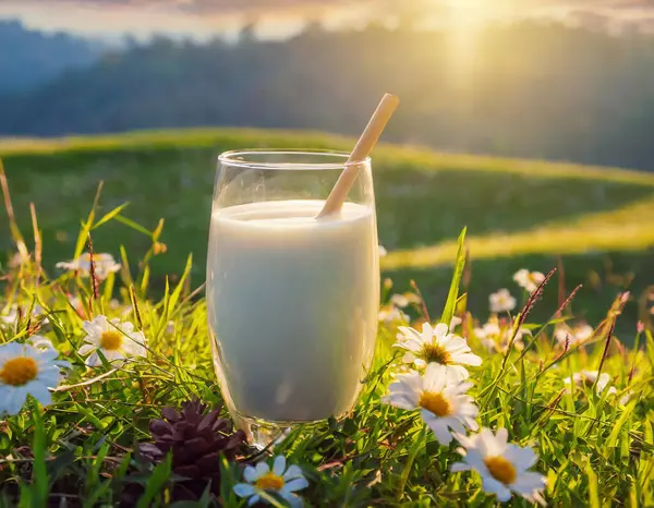 A glass of milk is sitting on a grassy field with a straw in it. The scene is peaceful