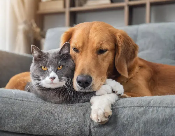 Neşeli bir köpek ve kedi rahat bir kanepede kucaklaşıyorlar.