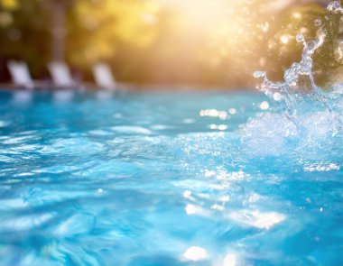 Mavi havuz bir yaz günü parlar Gün ışığıyla su yüzeyinde bulanıklaşır