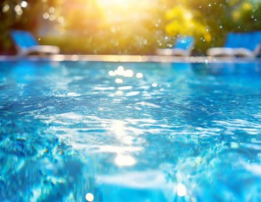 Mavi havuz bir yaz günü parlar Gün ışığıyla su yüzeyinde bulanıklaşır