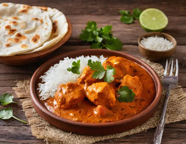 Chicken tikka masala spicy curry meat food in a clay plate with rice and naan bread