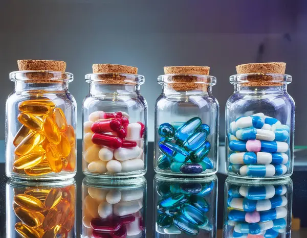 Colorful capsules in transparent glass jars on a reflective surface