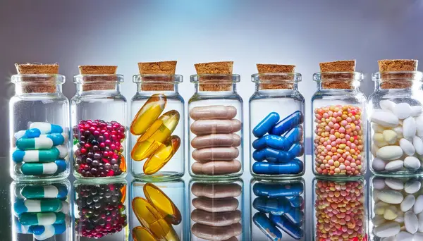 Colorful capsules in transparent glass jars on a reflective surface