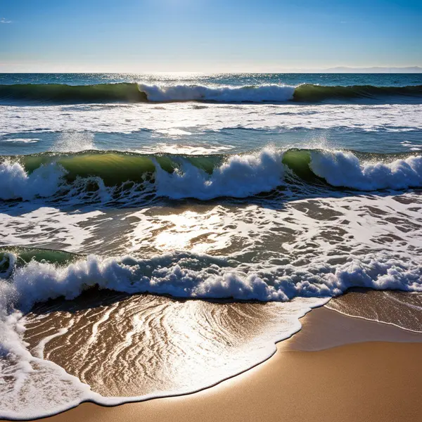 Gentle waves roll onto a sandy beach, creating a soothing rhythmic sound. The sun shines brightly in the blue sky above.
