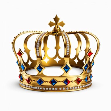 İzole edilmiş altın bir taç, kraliyeti, başarıyı veya otoriteyi temsil ediyor, beyaz bir arkaplana karşı kurulmuş.