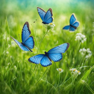 Yeşil bahar otlağındaki mavi kelebekler inanılmaz doğal ışıklandırmalarla