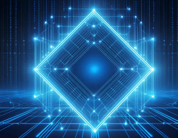 3d Render, Blue neon light square with digital technology light background, futuristic