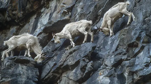 stock image Mountain goats climbing rocky cliffs