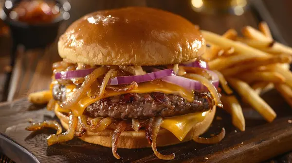 stock image Cheeseburger With Swiss Cheese and Sauteed Onions food