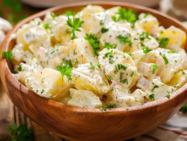 Maydanozla süslenmiş büyük bir kasede patates salatası.