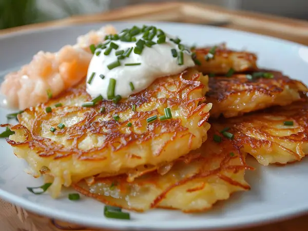 stock image Potato pancakes with apple sauce and sour