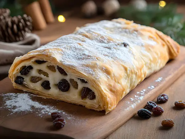 stock image Quark strudel with raisins and powdered sugar