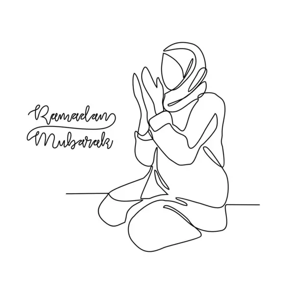 Müslüman bir kadının sürekli çizdiği bir çizgi Kuran okur ve Ramadhan vektör ilüstrasyonu sırasında camide dua eder. Basit doğrusal biçim vektör konseptinde Ramadhan Mübarek etkinlik çizimi.