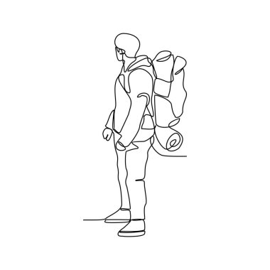 Bir adamın sürekli çizdiği çizgilerden biri arka vektör çiziminde taşıyıcı çantasını taşıyan bir dağa tırmanmaktır. Basit doğrusal biçim vektör kavramında yürüyüş ve tırmanma etkinliği illüstrasyonu.