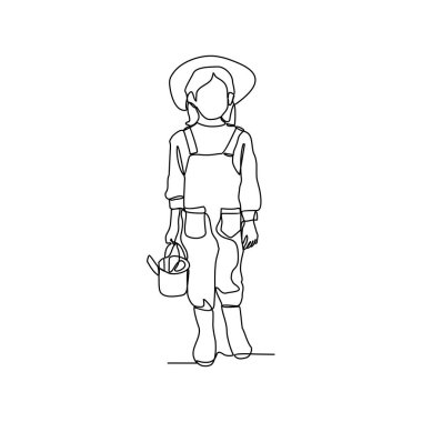 Meyve hasat ederek, yabani otları temizleyerek ve bitki vektör resimlerini sulayarak tarlasında bahçıvanlık yapan birinin sürekli çizdiği bir çizgi. Basit doğrusal bahçe etkinliği illüstrasyonu.