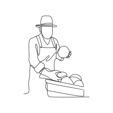 Meyve hasat ederek, yabani otları temizleyerek ve bitki vektör resimlerini sulayarak tarlasında bahçıvanlık yapan birinin sürekli çizdiği bir çizgi. Basit doğrusal bahçe etkinliği illüstrasyonu.