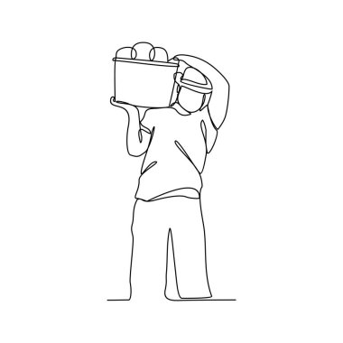 Meyve hasat ederek, yabani otları temizleyerek ve bitki vektör resimlerini sulayarak tarlasında bahçıvanlık yapan birinin sürekli çizdiği bir çizgi. Basit doğrusal bahçe etkinliği illüstrasyonu.