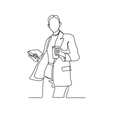 Ofis molasında yemek yiyen ve içen bir ofis çalışanının sürekli çizimi. Basit doğrusal vektör konseptinde ofis çalışanı faaliyeti illüstrasyonu