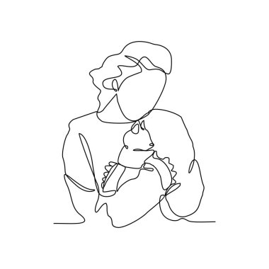 Birinin sürekli çizdiği bir çizgi, evcil hayvanına sarılarak ve onu vektör illüstrasyonu olarak taşıyarak oynamaktır. Basit doğrusal biçim vektör kavramında evcil hayvan aktivite illüstrasyonuyla oynamak.