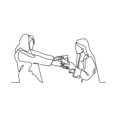 Doğum günü partisinde ya da diğer durumlarda arkadaşınıza hediye vermek için sürekli çizilen bir çizgi. Basit doğrusal biçim vektör kavramında bir hediye etkinliği çizimi göster.