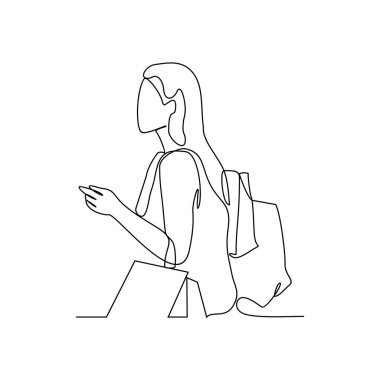 Bir kadının sürekli çizdiği çizimlerden biri, alışveriş torbalarını mağaza vektör illüstrasyonunda taşımak ve alışveriş yapmaktır. basit doğrusal biçim vektör konseptinde kadın alışveriş etkinliği illüstrasyonu