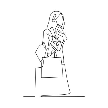 Bir kadının sürekli çizdiği çizimlerden biri, alışveriş torbalarını mağaza vektör illüstrasyonunda taşımak ve alışveriş yapmaktır. basit doğrusal biçim vektör konseptinde kadın alışveriş etkinliği illüstrasyonu