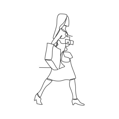 Bir kadının sürekli çizdiği çizimlerden biri, alışveriş torbalarını mağaza vektör illüstrasyonunda taşımak ve alışveriş yapmaktır. basit doğrusal biçim vektör konseptinde kadın alışveriş etkinliği illüstrasyonu