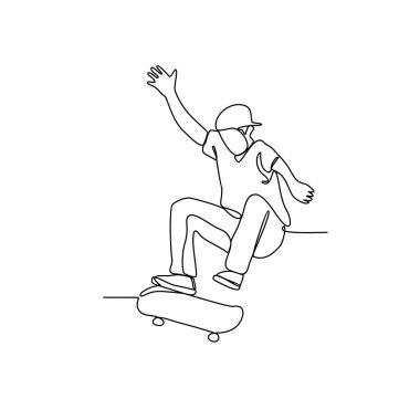 Kaykay parkında kaykay yapan insanların aralıksız çizdiği bir çizgi. Basit doğrusal biçim vektör konseptinde kaykay sporu faaliyet çizelgesi sürekli çizgi