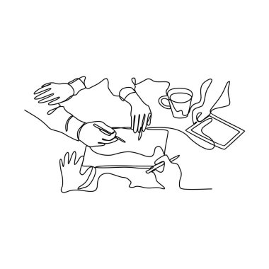 Seyirci vektörü illüstrasyonunun önünde birinin sürekli çizdiği bir çizgi. İş adamı ya da iş kadını için uygun tasarım konsepti işlerini doğrusal biçimde sunar.