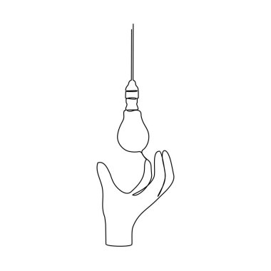 Sürekli bir iş fikri tasarım çizimi çizimi. Lambanın basit doğrusal şekilde resmedildiği bir fikir. Varlık için iş tasarım konsepti vektör çizimi.